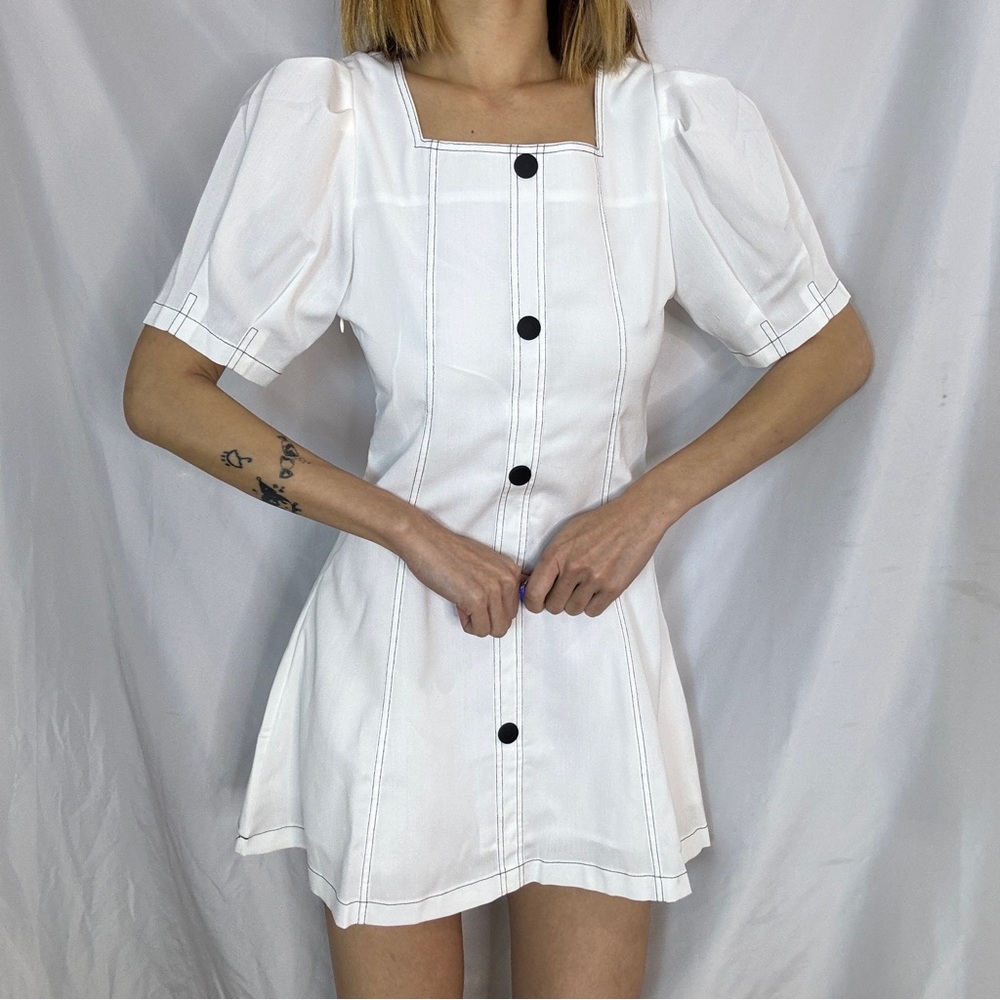 J.ing white button down Aline puff sleeve dress